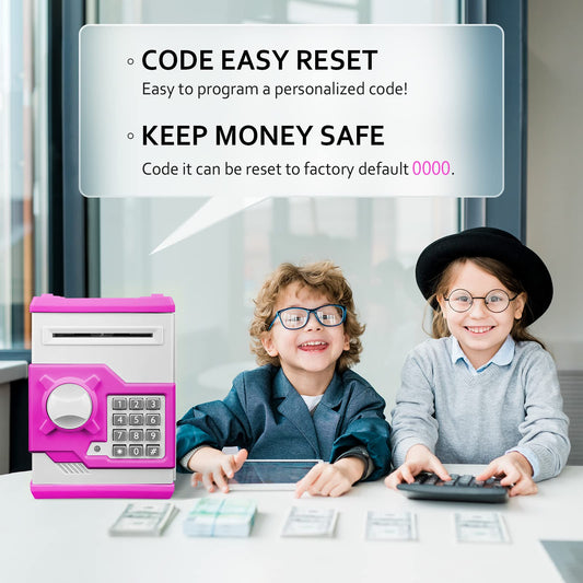 Vcertcpl ATM piggy bank with password pad highlights easy code setup for kids.