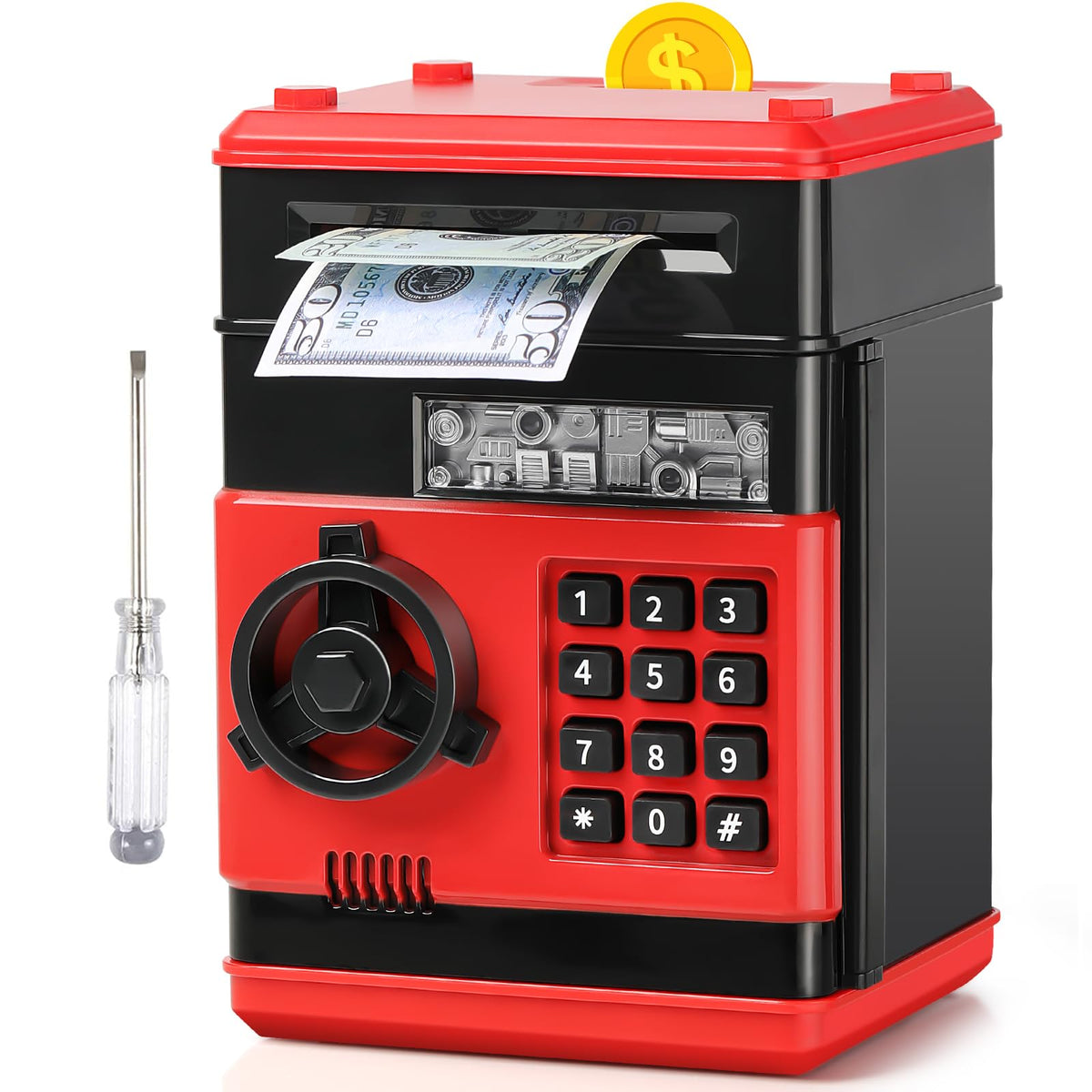 Vcertcpl ATM piggy bank front view in red and black for kids.