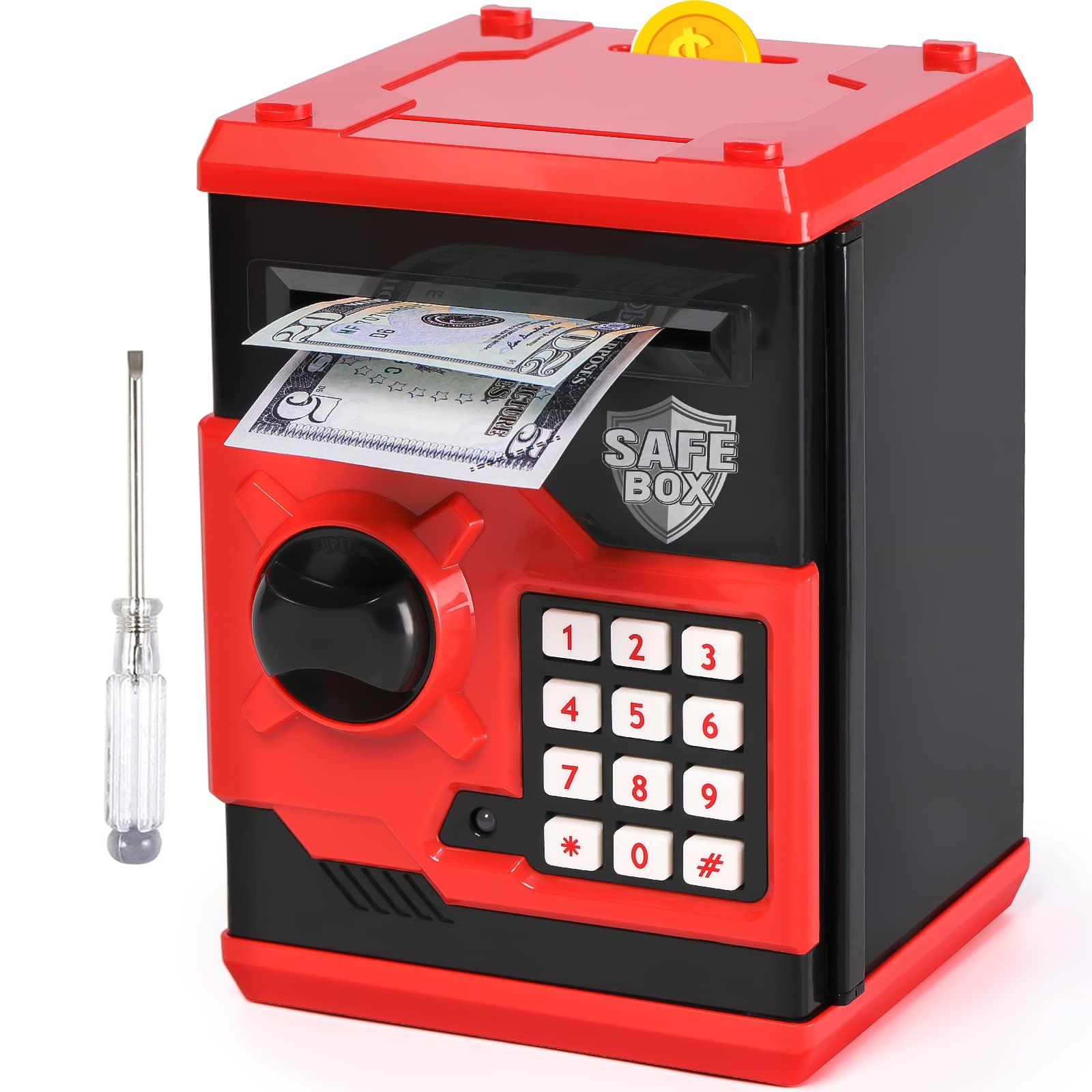 Vcertcpl ATM Piggy Bank red front view showing kid-friendly savings design