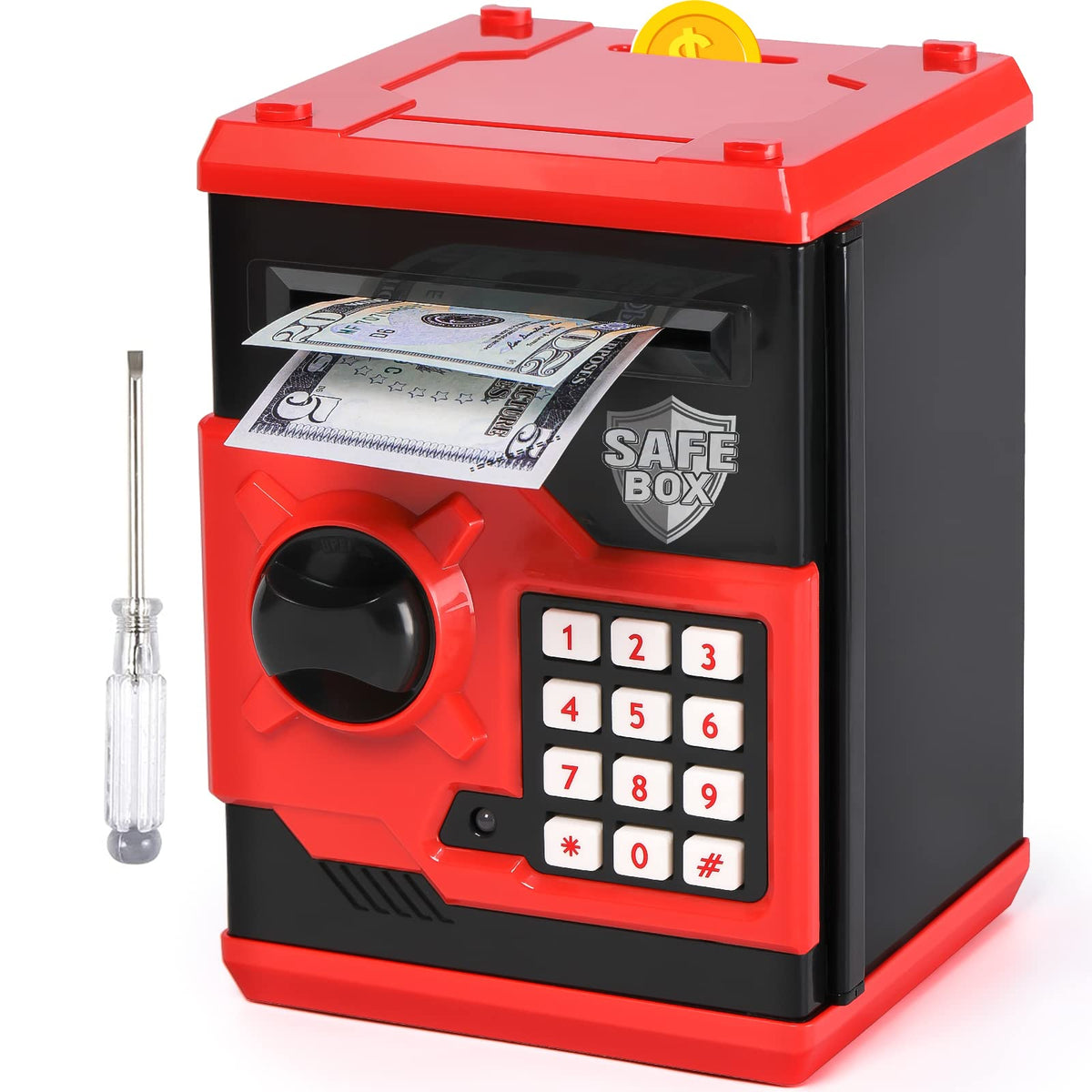 Vcertcpl ATM Piggy Bank red front view showing kid-friendly savings design