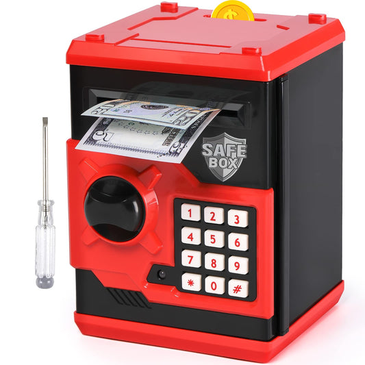 Vcertcpl ATM Piggy Bank red front view showing kid-friendly savings design