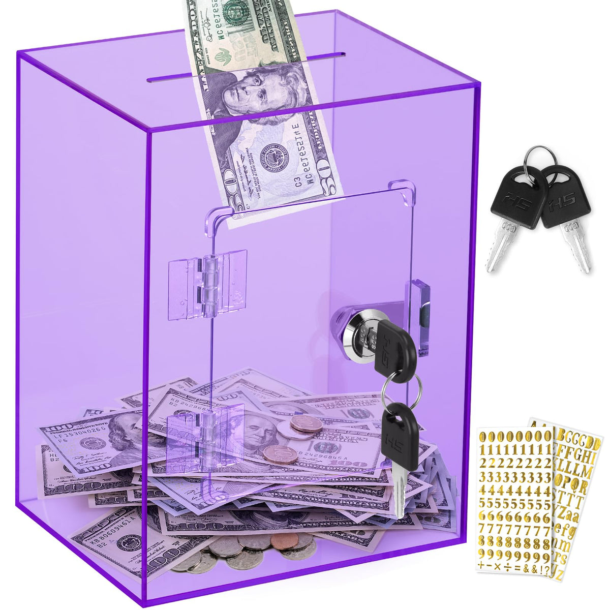 Vcertcpl clear piggy bank with lock in purple shows secure savings progress.