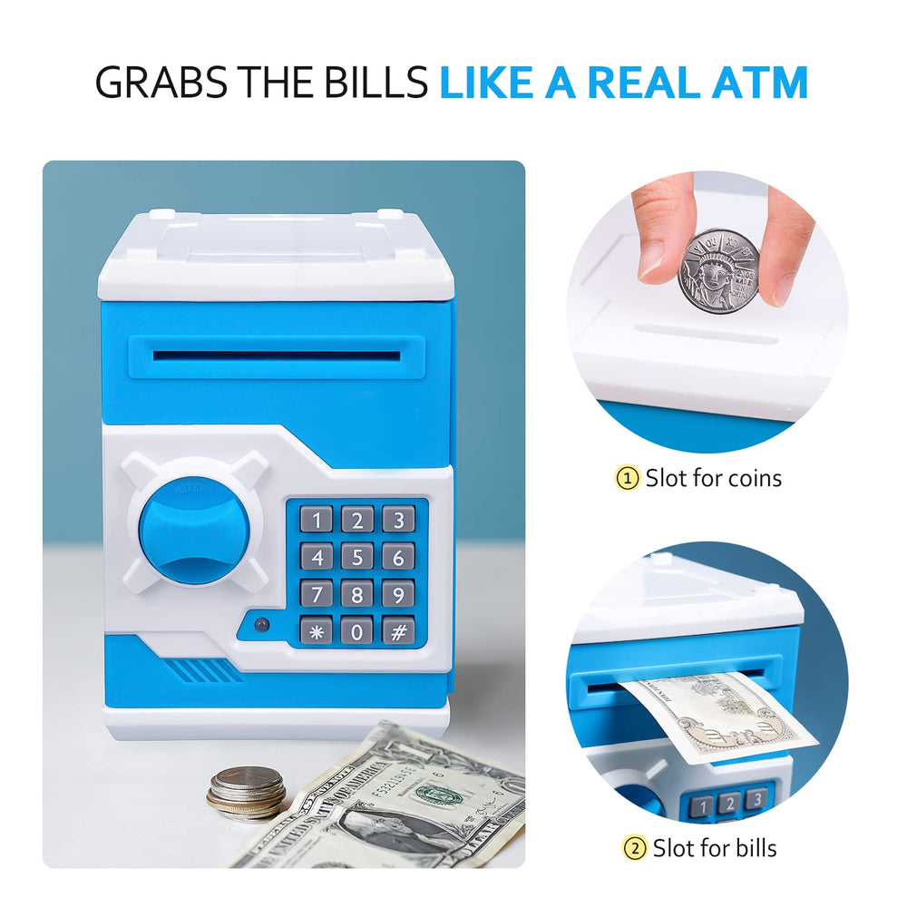 Vcertcpl blue-white ABS-material piggy bank is durable and kid friendly.