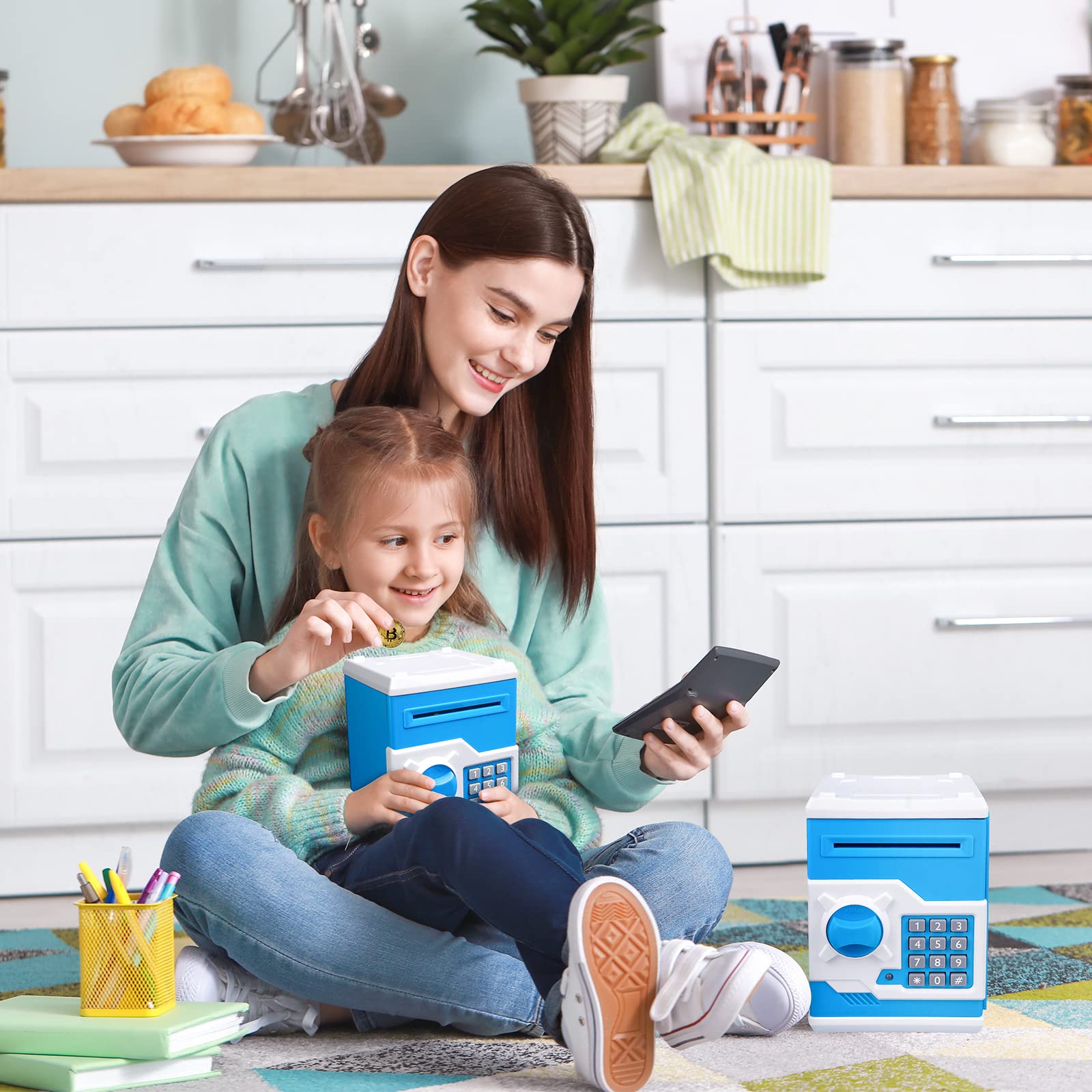 Vcertcpl piggy bank blue-white secure storage supports money management lessons.