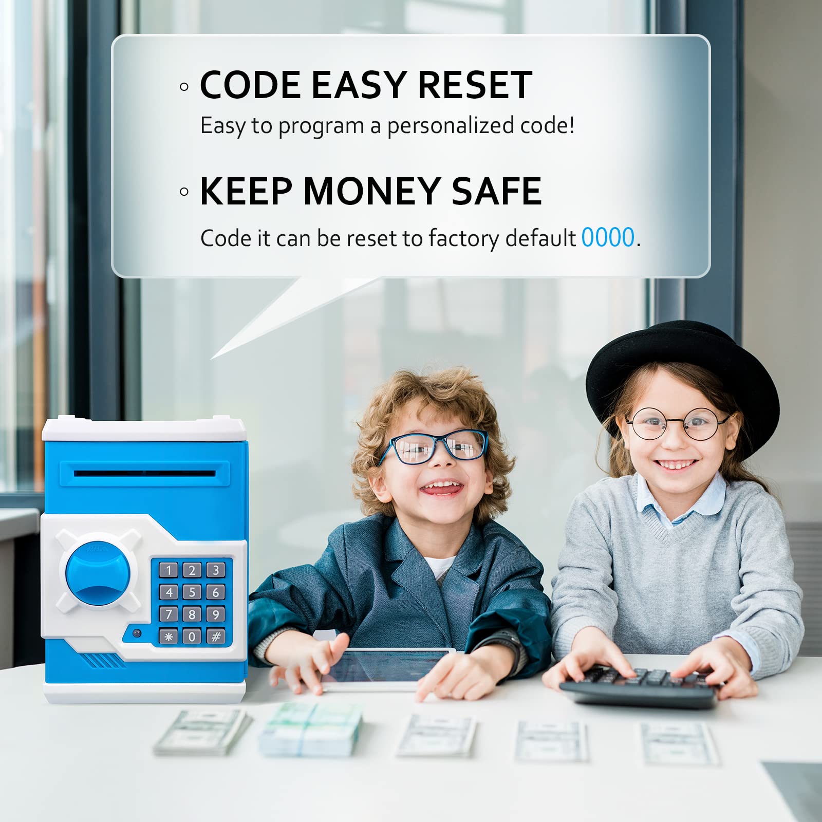 Vcertcpl mini ATM piggy bank blue-white door open shows password-protected storage.