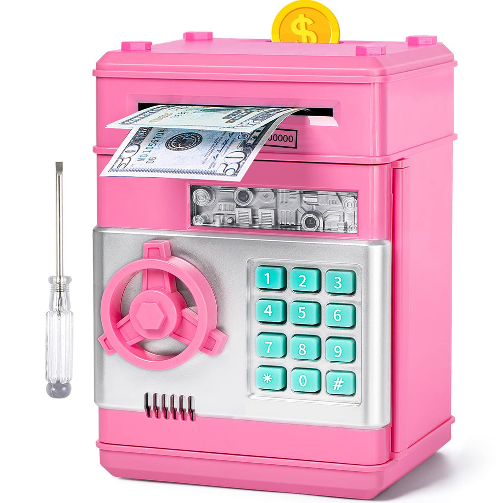 Vcertcpl ATM piggy bank front view with secure 4-digit code for kids.