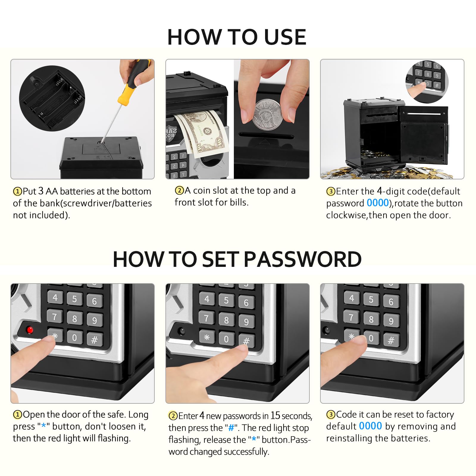 Vcertcpl piggy bank safe use showing secure storage for valuables