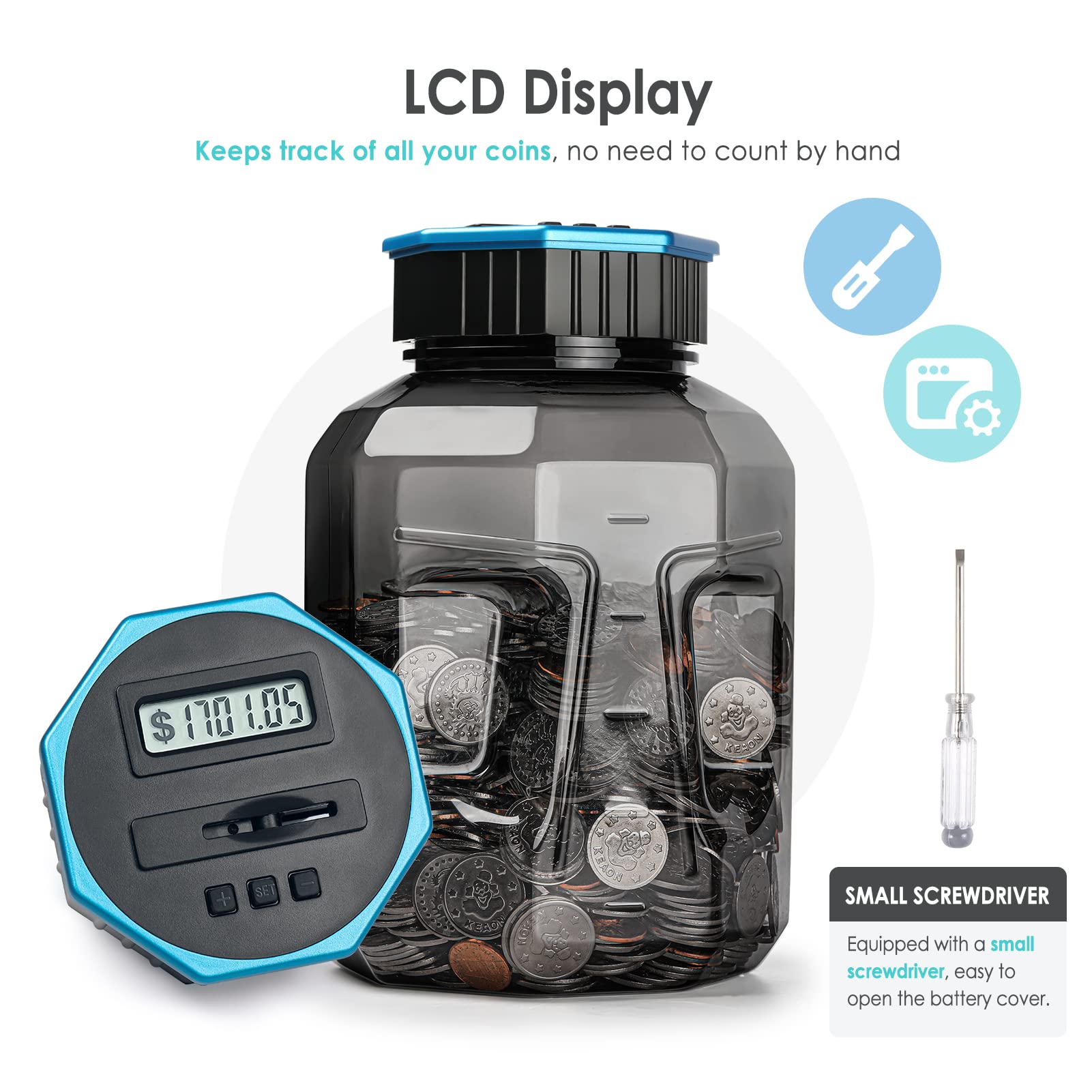 Vcertcpl X-Large Piggy Bank counting jar automatically totals different coin sizes.