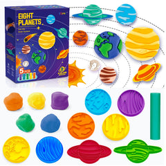 VConejo color dough planets set with rolling tool for creative play and fine motor practice.