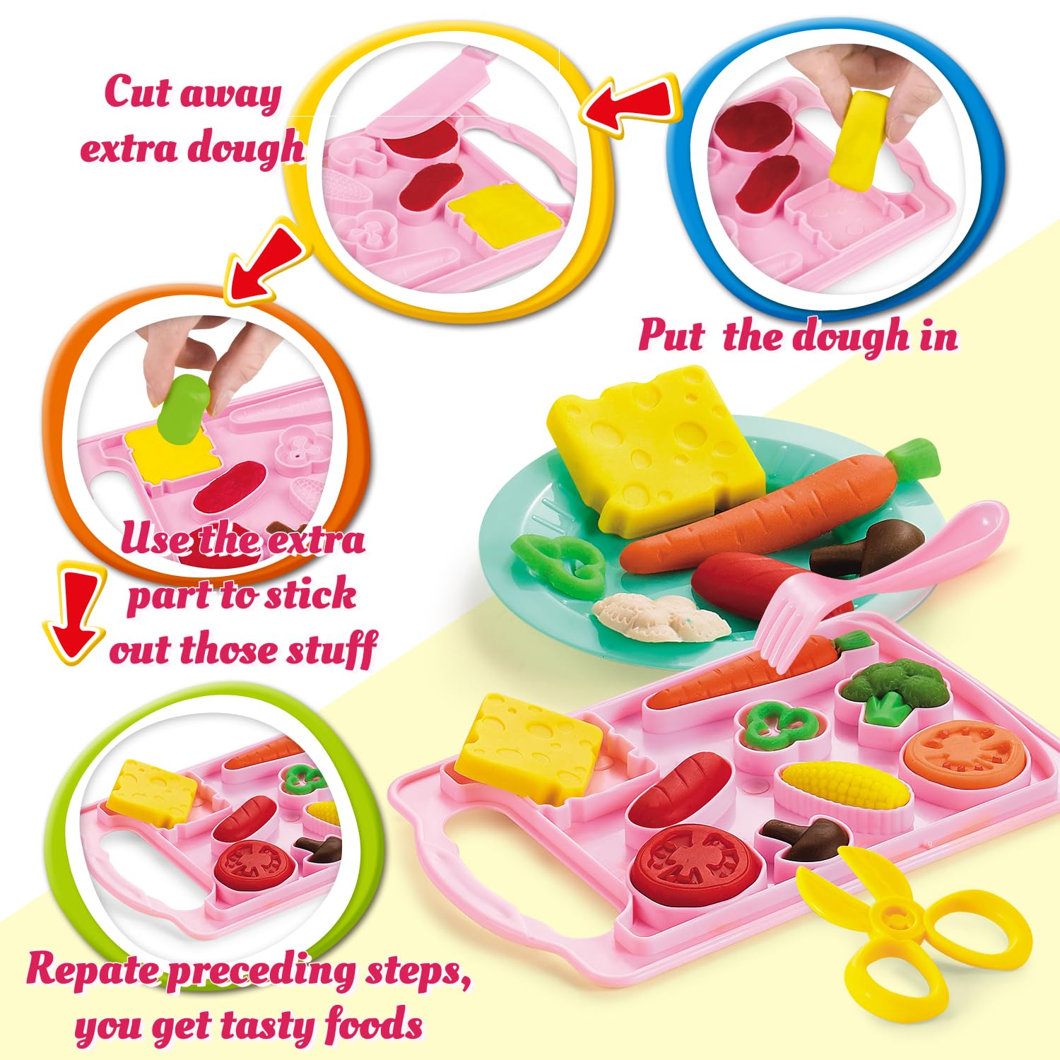VConejo Color Dough Set includes carrot tomato corn and cheese for colorful pretend cooking.