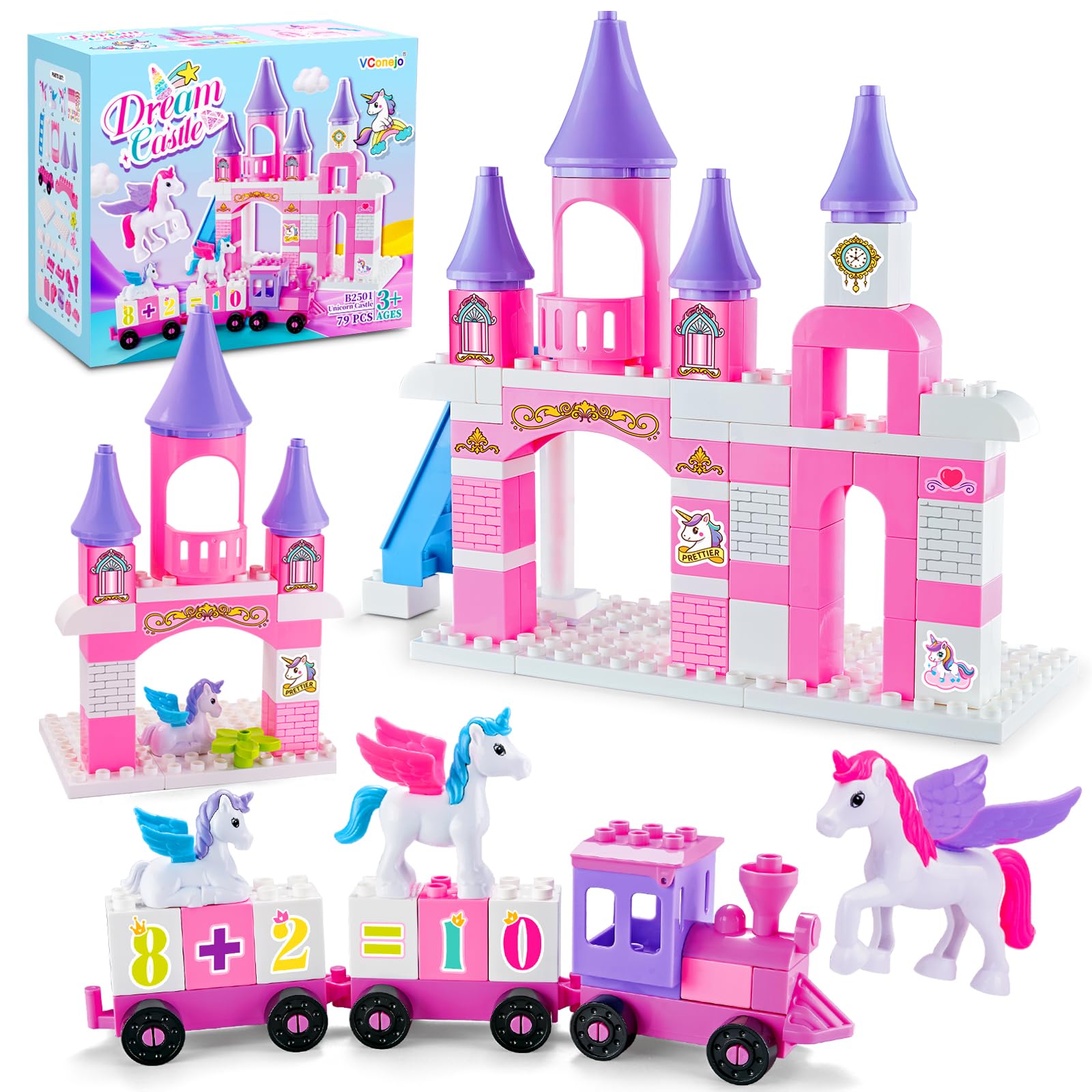 VConejo Unicorn Castle with windows and stairs boosts imaginative play and fine motor skills