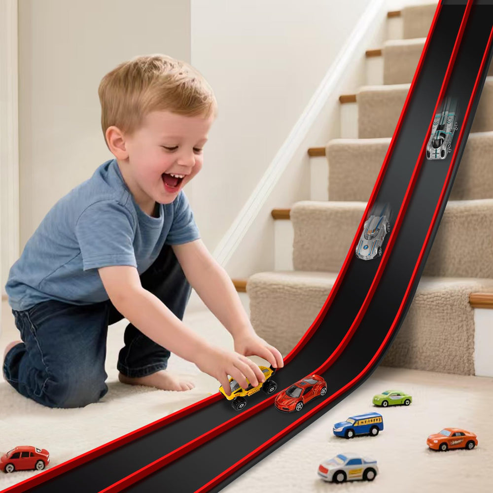 Vcsaq 15ft unrolled floor track enables imaginative racing layouts.