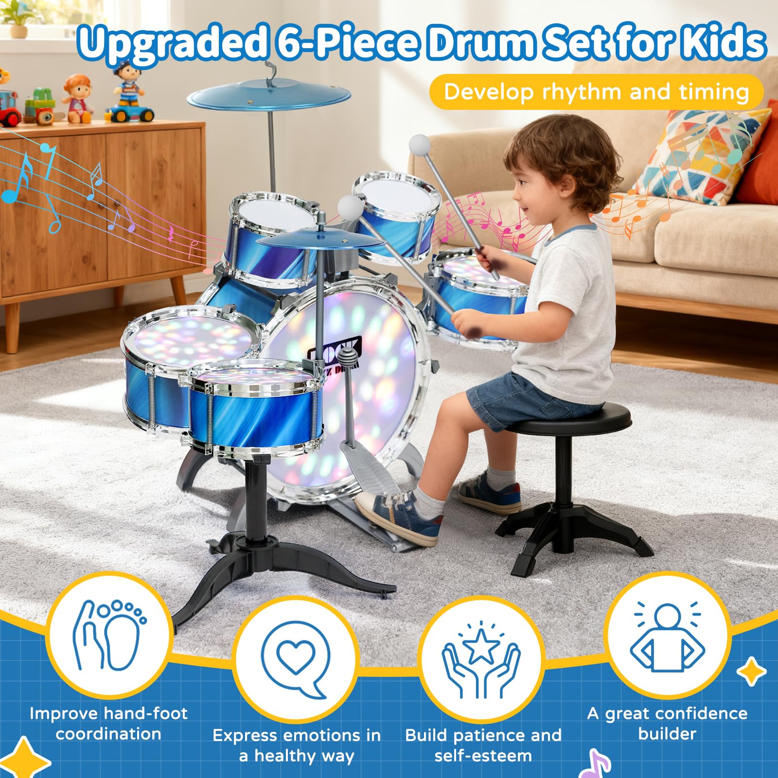 Vdamu blue small drums with glow lights boost focus and coordination during play