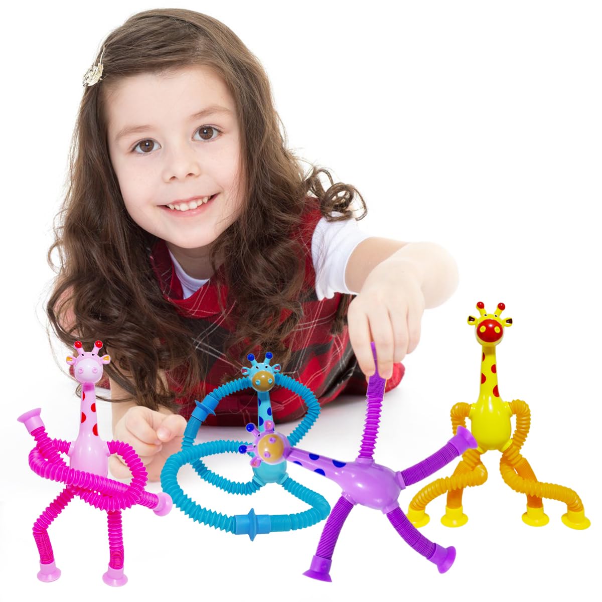 Veakeqe pop tubes giraffe stretch demonstrates sensory play and cause-and-effect.