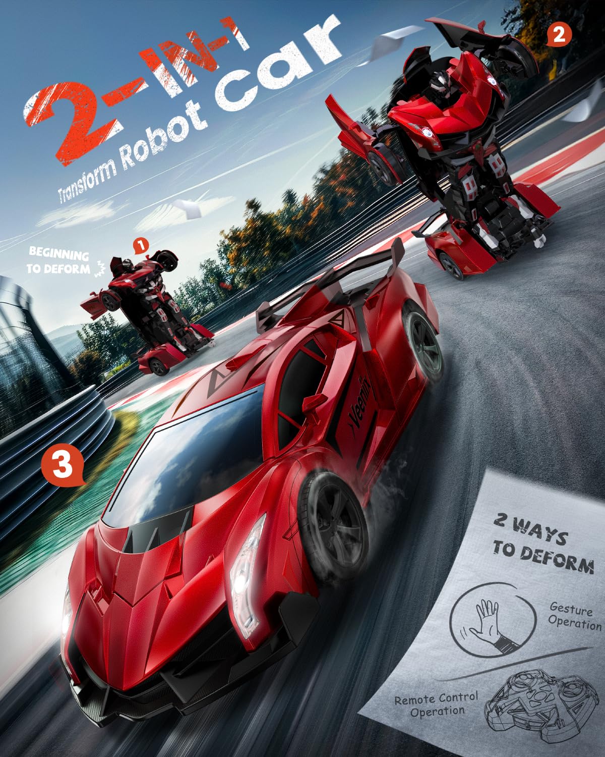 Veeniix V992 LED lights and music enhance immersive play during robot or car mode.