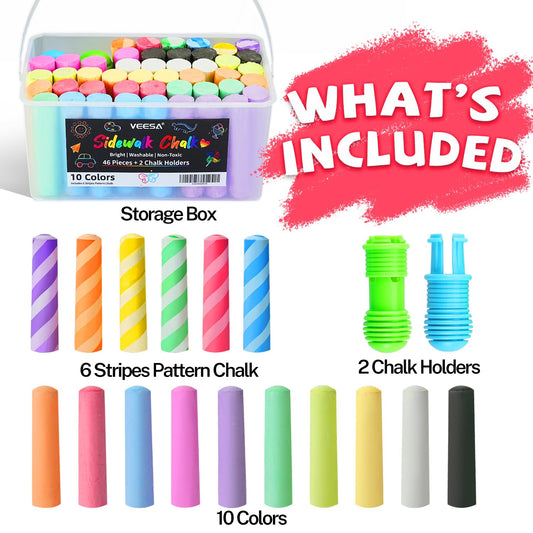 VEESA jumbo chalks in 10 colors plus 6 striped pieces for bold sidewalk murals.