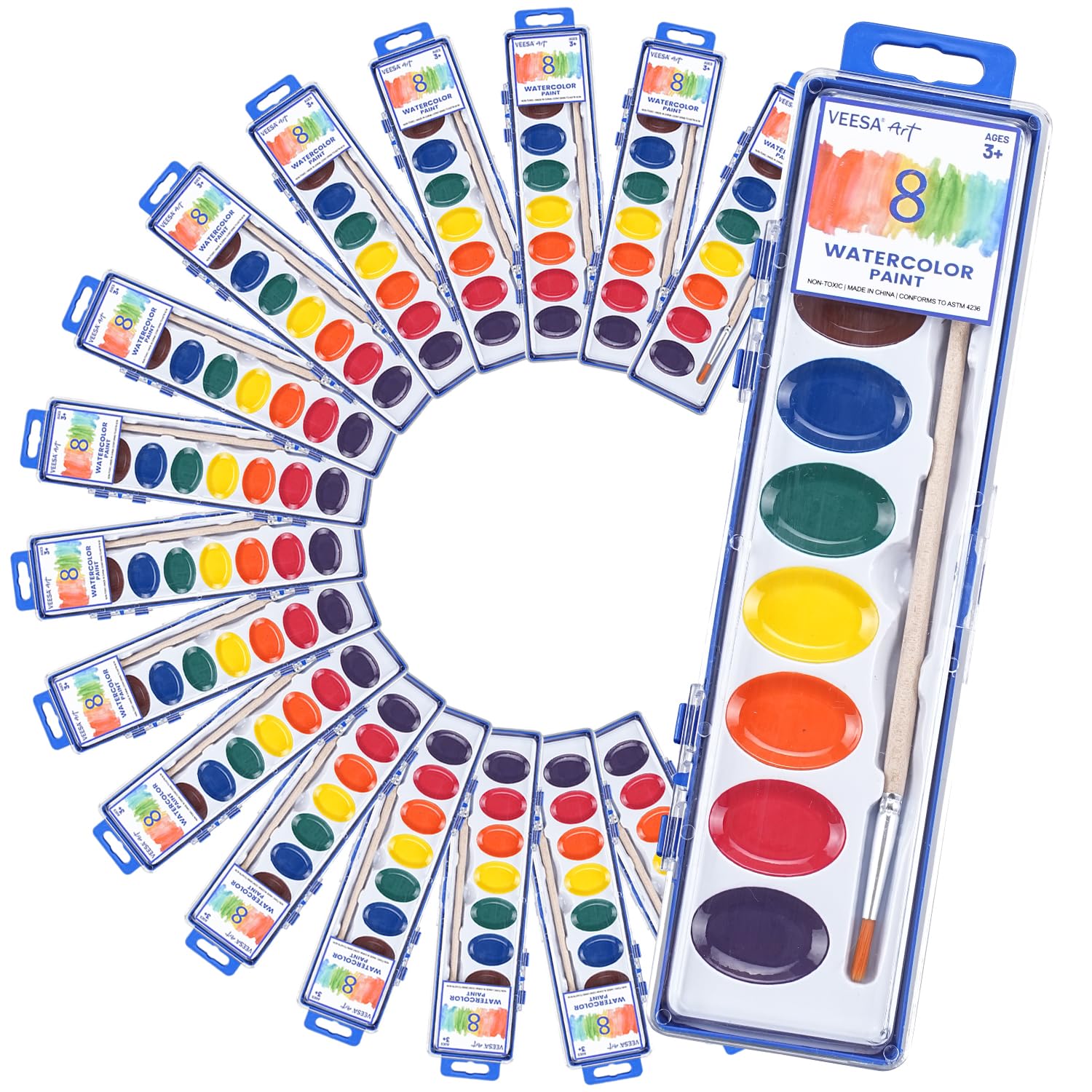 VEESA kids watercolor kit with eight colors and wood brushes for classroom painting