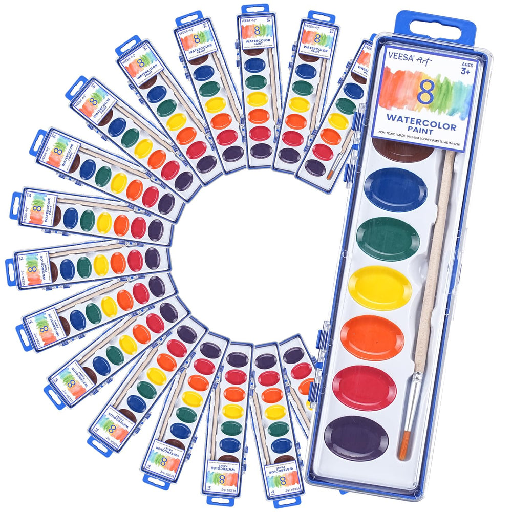 VEESA kids watercolor kit with eight colors and wood brushes for classroom painting