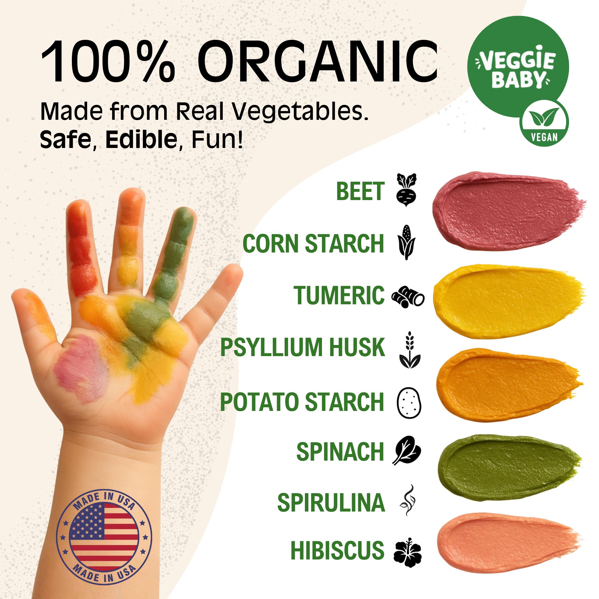 Close-up of Veggie Baby paints showing vibrant mixable colors for creative play.