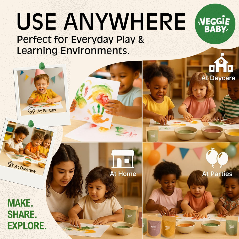 Preschool classroom setup using Veggie Baby paints for collaborative art.