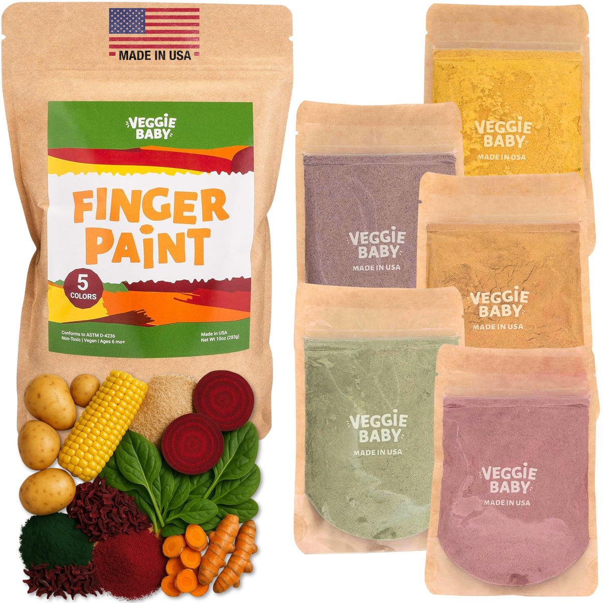 Veggie Baby vegan finger paints pack with five colors for safe toddler coloring.