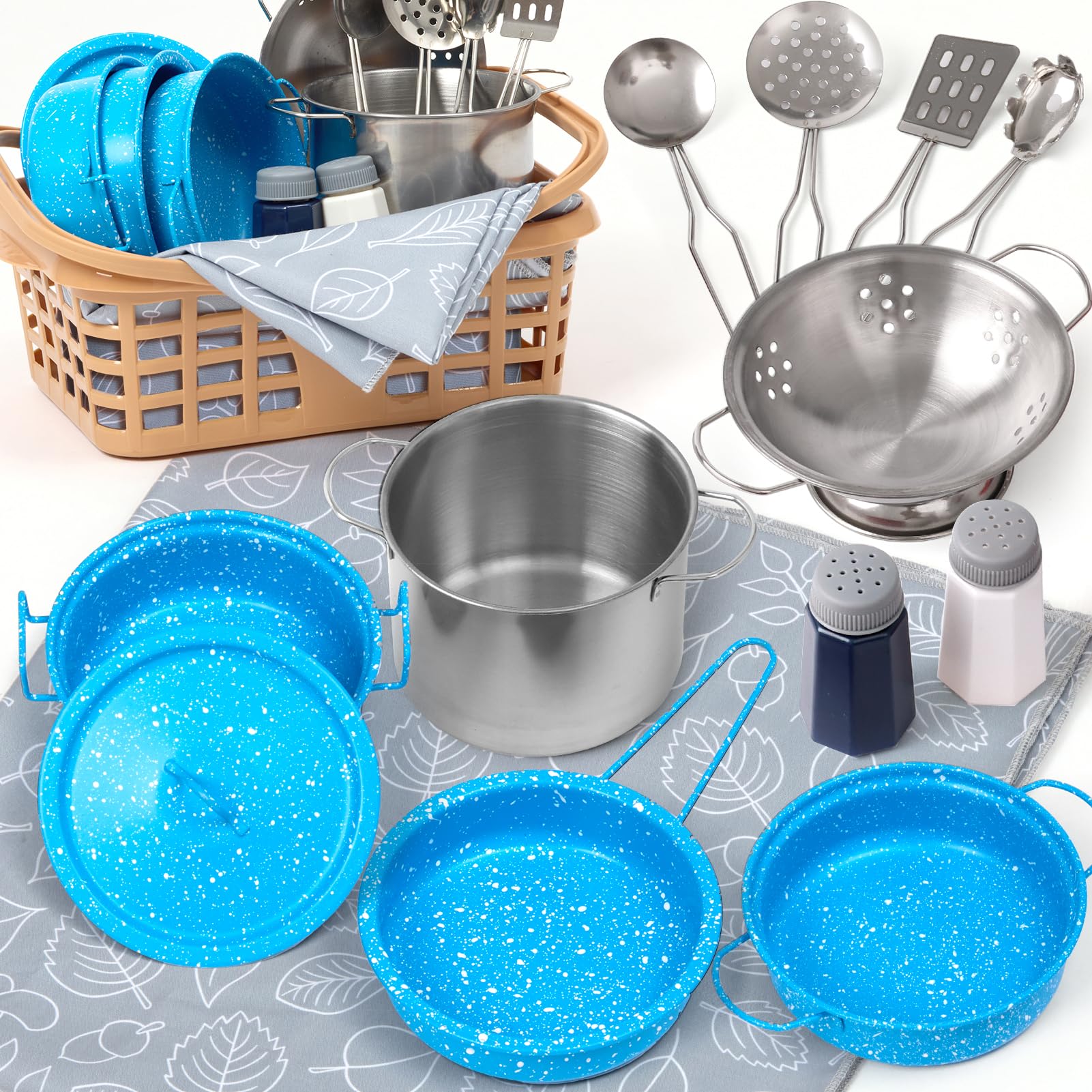 Veitch Fairytales kid play kitchen colander: sturdy blue accents for pretend rinsing veggies.