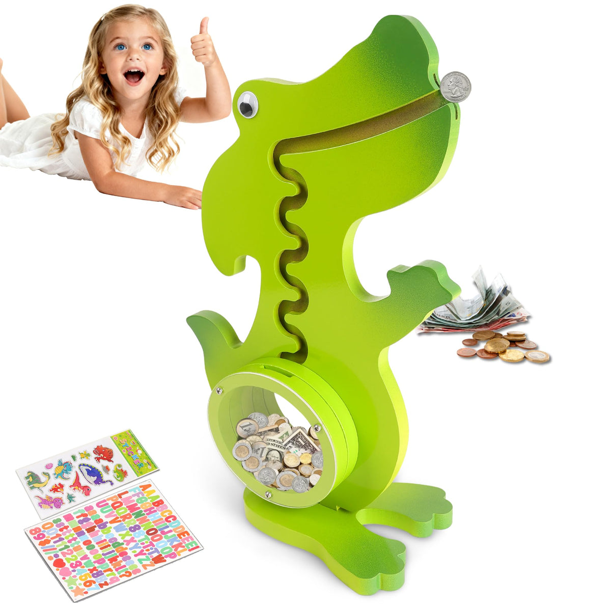 Vennocci dinosaur piggy bank front view shows durable wood and clear acrylic belly.