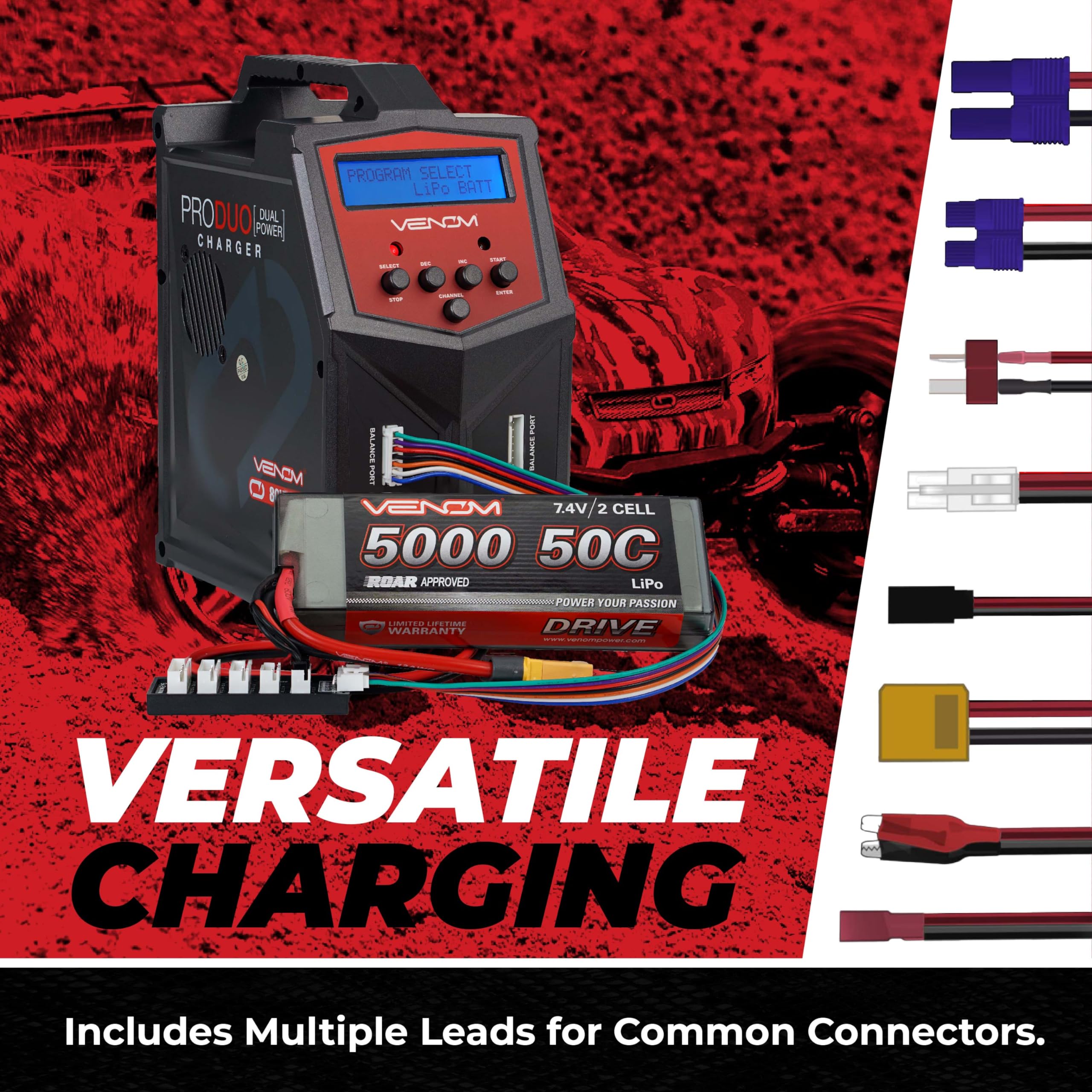 Venom Power Pro Duo 8 charging leads enable versatile connector compatibility.