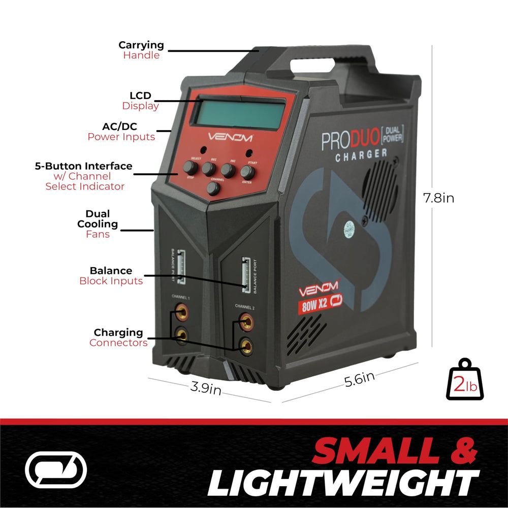 Venom Power Pro Duo temperature sensor indicates built-in safety monitoring.