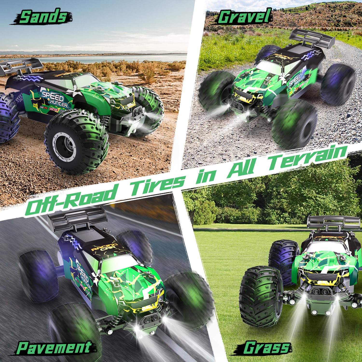 Vensico monster truck with LED headlights highlighting night visibility