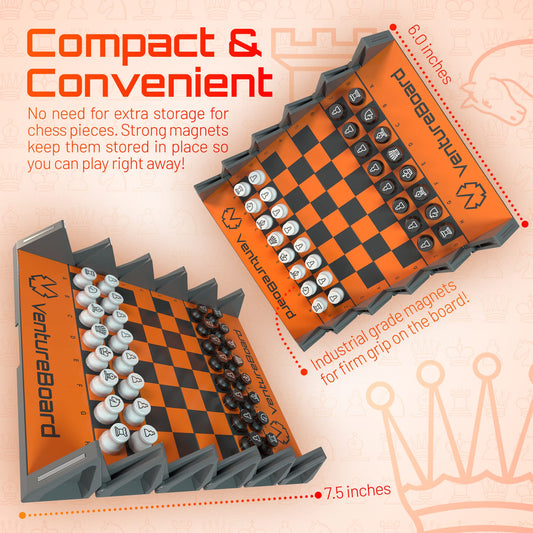 VentureBoard folding chess board in compact shell ready for travel
