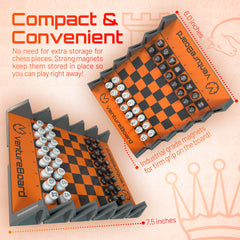 VentureBoard folding chess board in compact shell ready for travel