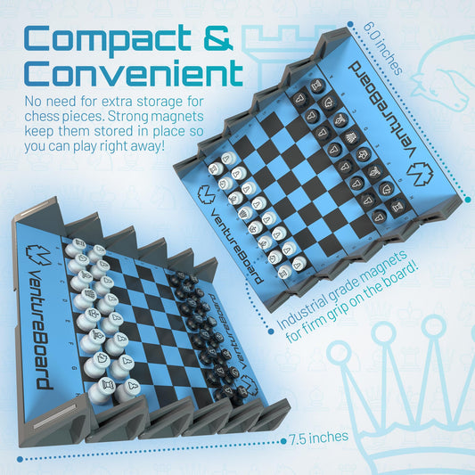 VentureBoard folding travel chess board opens flat for instant on-the-go games.