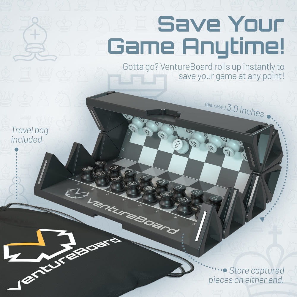 VentureBoard open size 7.5 x 6 inch chess board ready for play.
