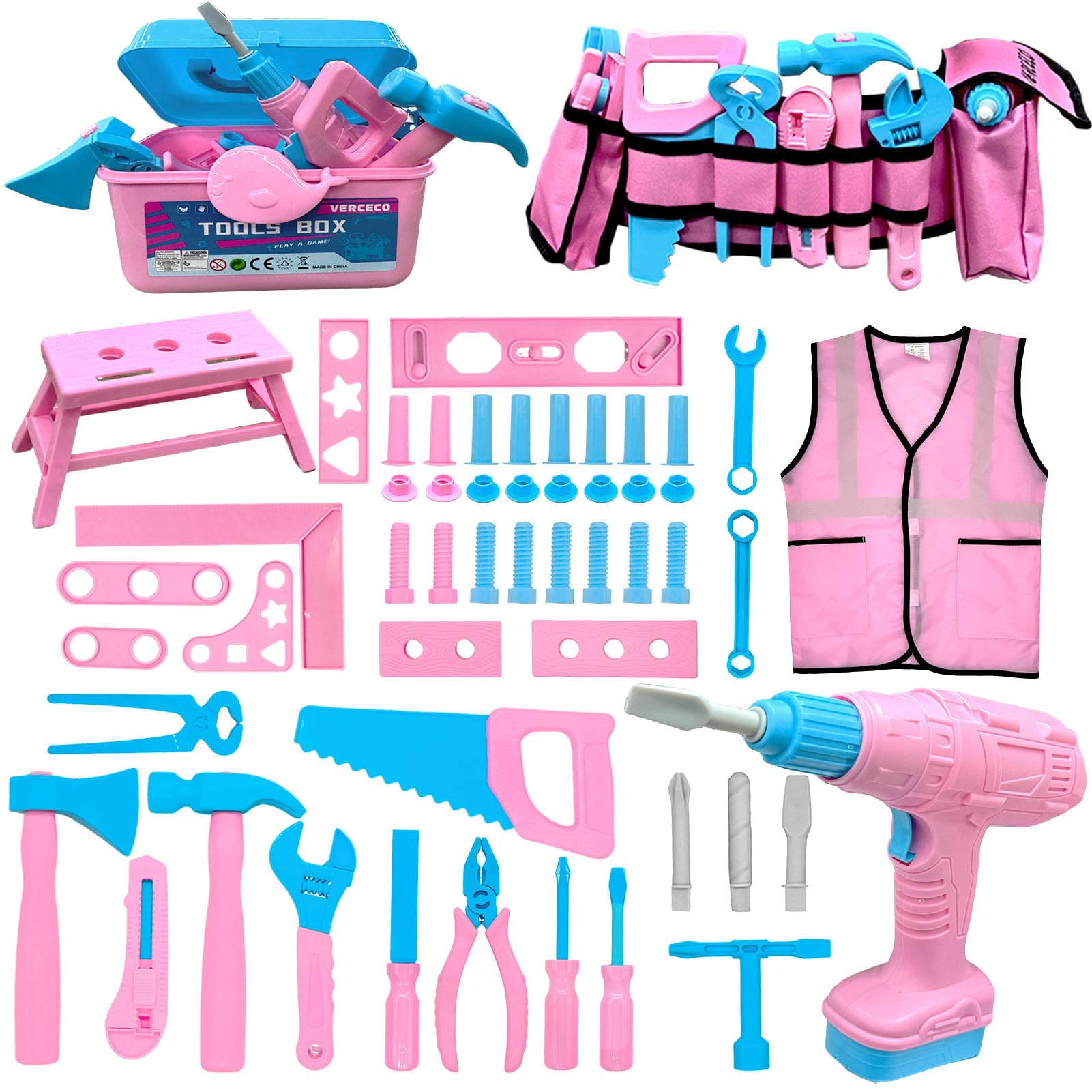 Verceco Kids Tool Set with pink vest for imaginative pretend play