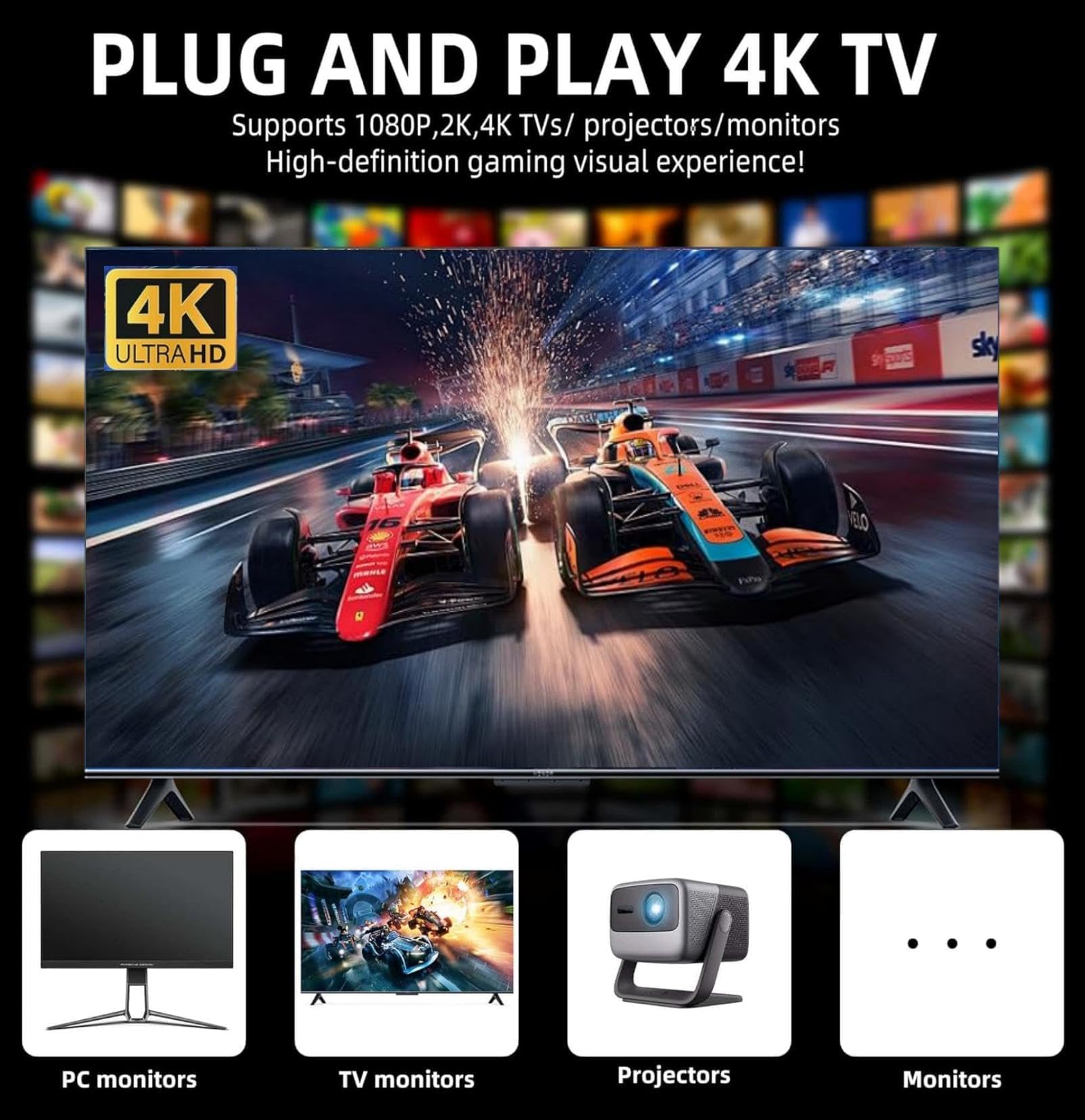 Vergissm 4K HDMI output connects to TV for HD retro gaming.