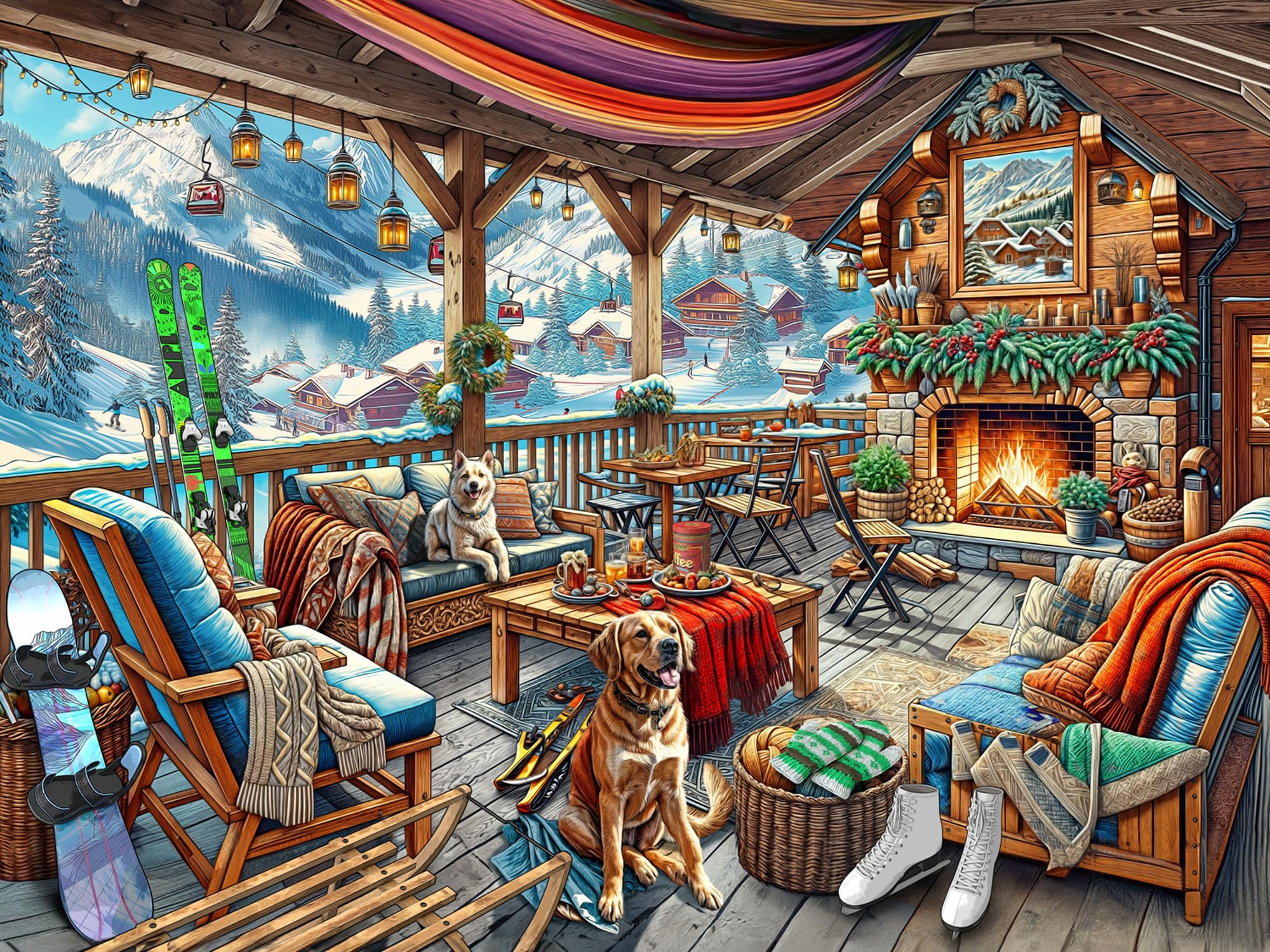 Vermont Christmas Company Ski Cabin Puzzle laid out for a cozy family game night
