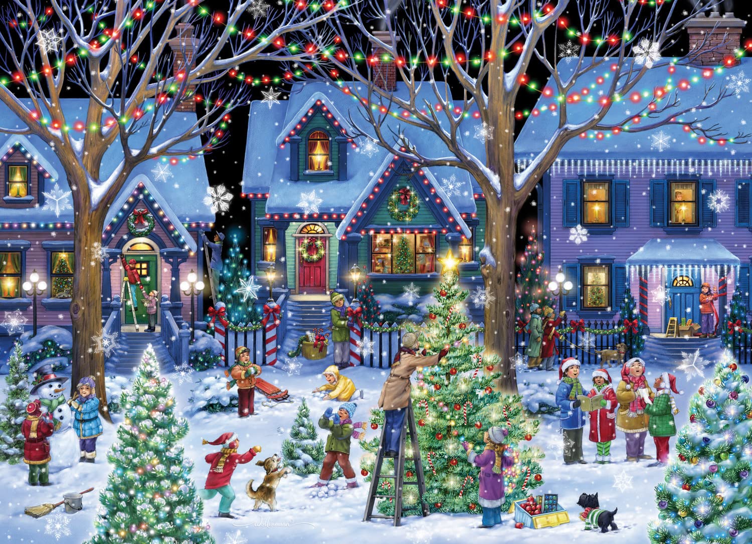 Puzzle in progress from Vermont Christmas Company showing interlocking pieces for family activity.