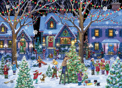Puzzle in progress from Vermont Christmas Company showing interlocking pieces for family activity.