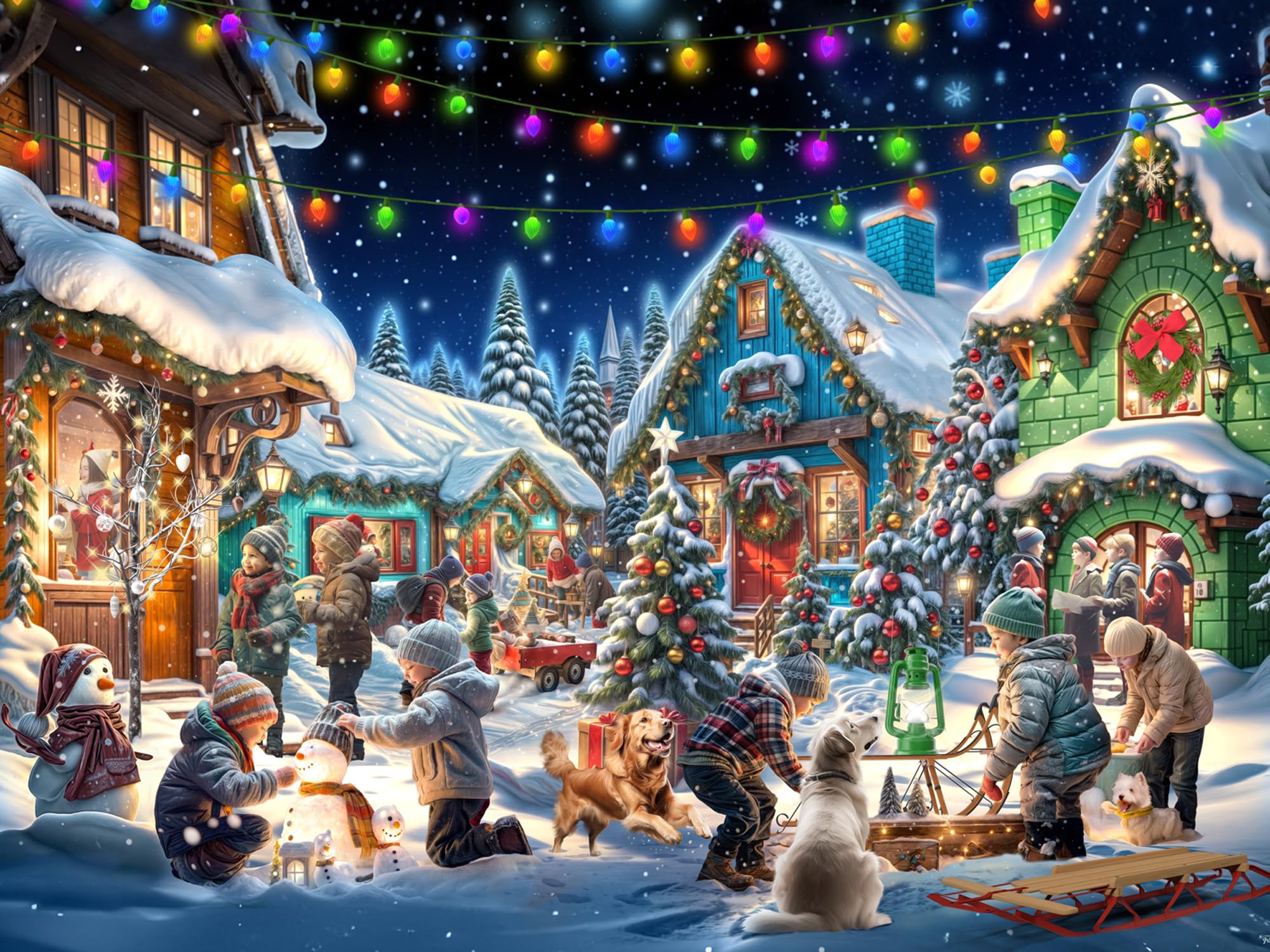 Vermont Christmas Company Christmas Town puzzle image, festive scene for family gathering and holiday fun