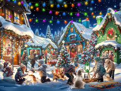 Vermont Christmas Company Christmas Town puzzle image, festive scene for family gathering and holiday fun