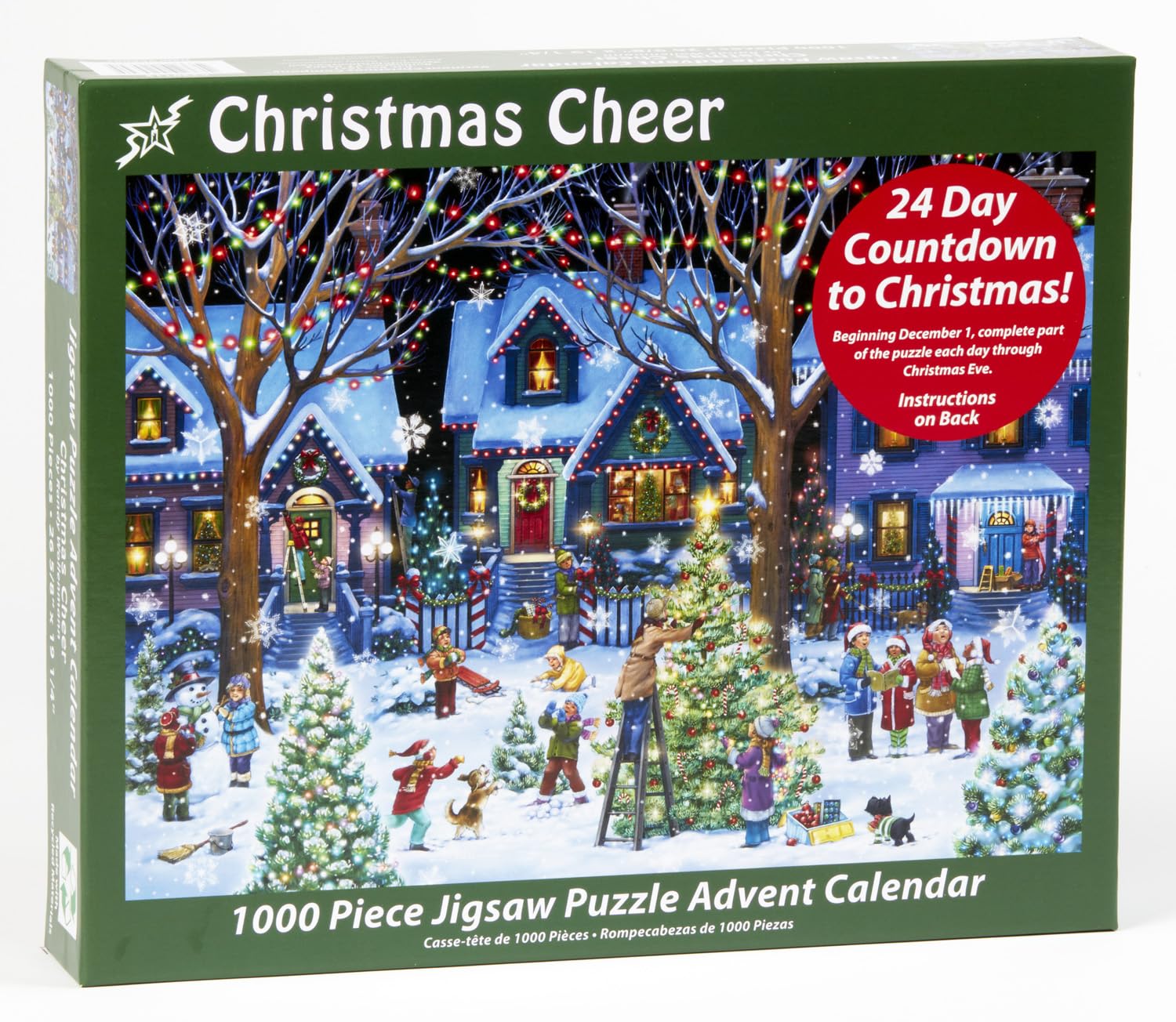 Family gathered around the Advent Calendar puzzle setup by Vermont Christmas Company.
