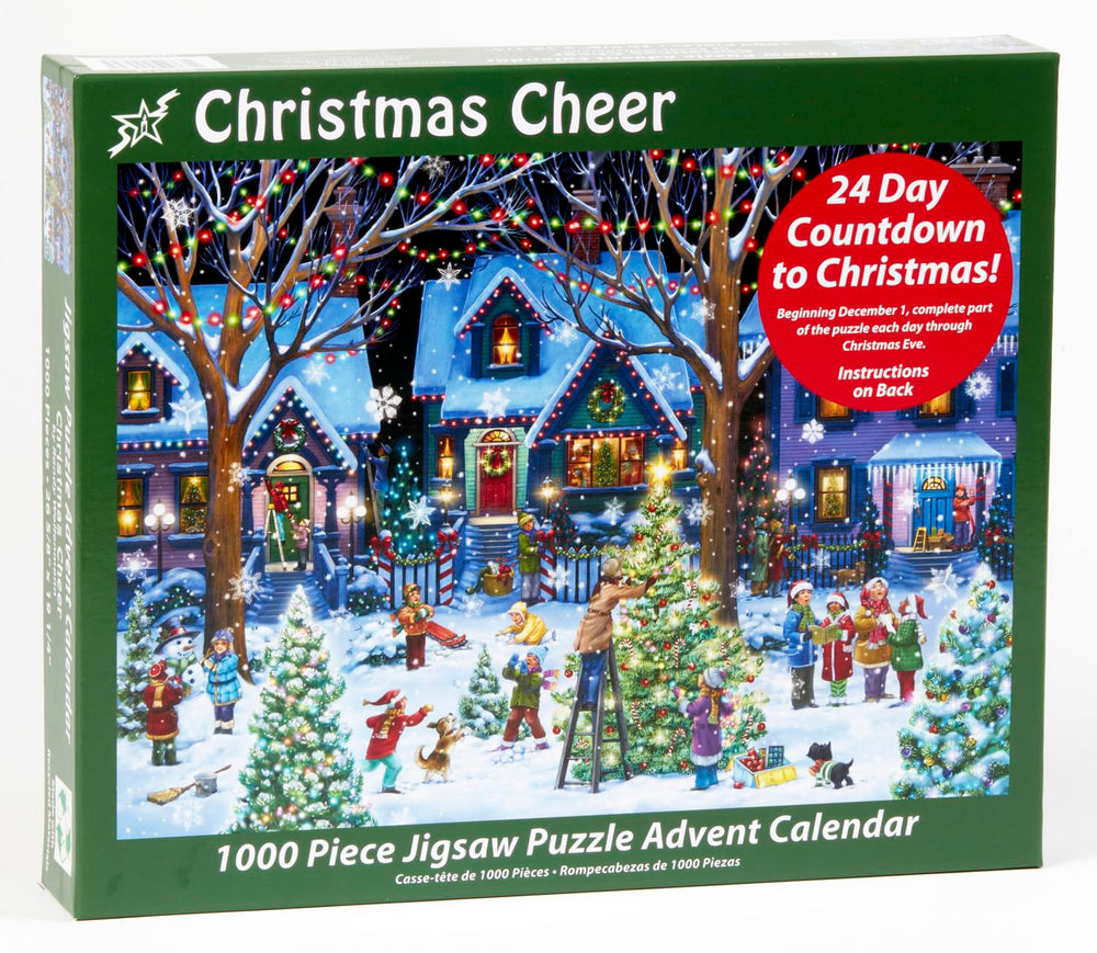 Family gathered around the Advent Calendar puzzle setup by Vermont Christmas Company.