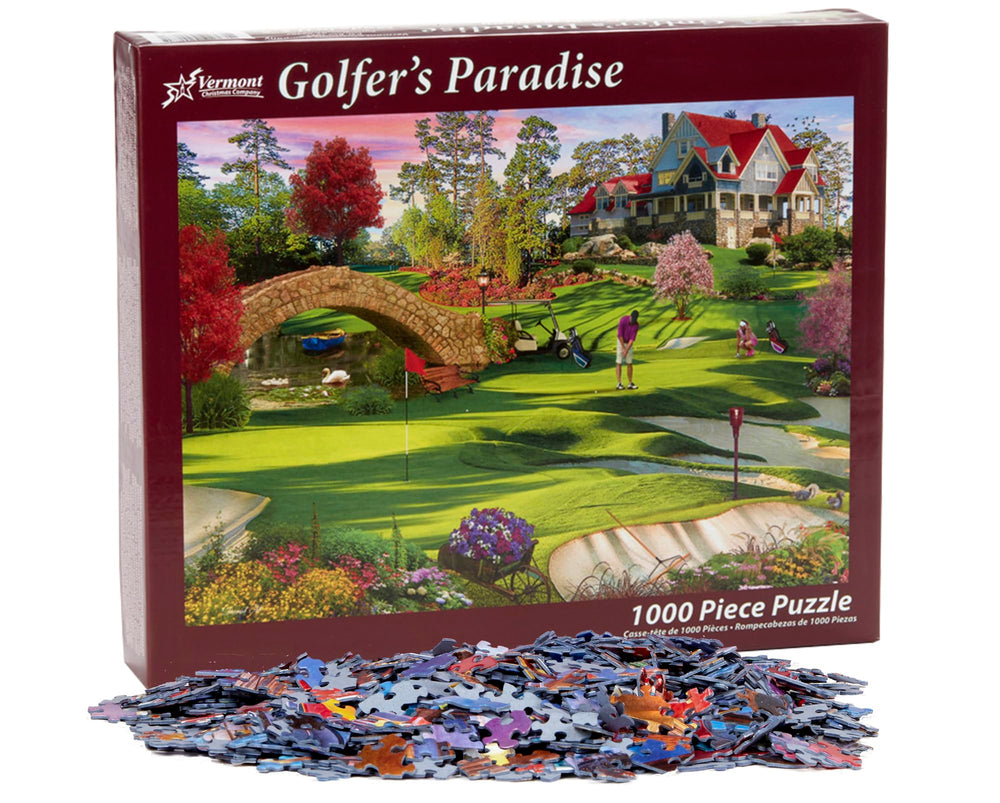 Vermont Christmas Company Golfer Paradise puzzle pieces close-up highlights interlocking precision and quality