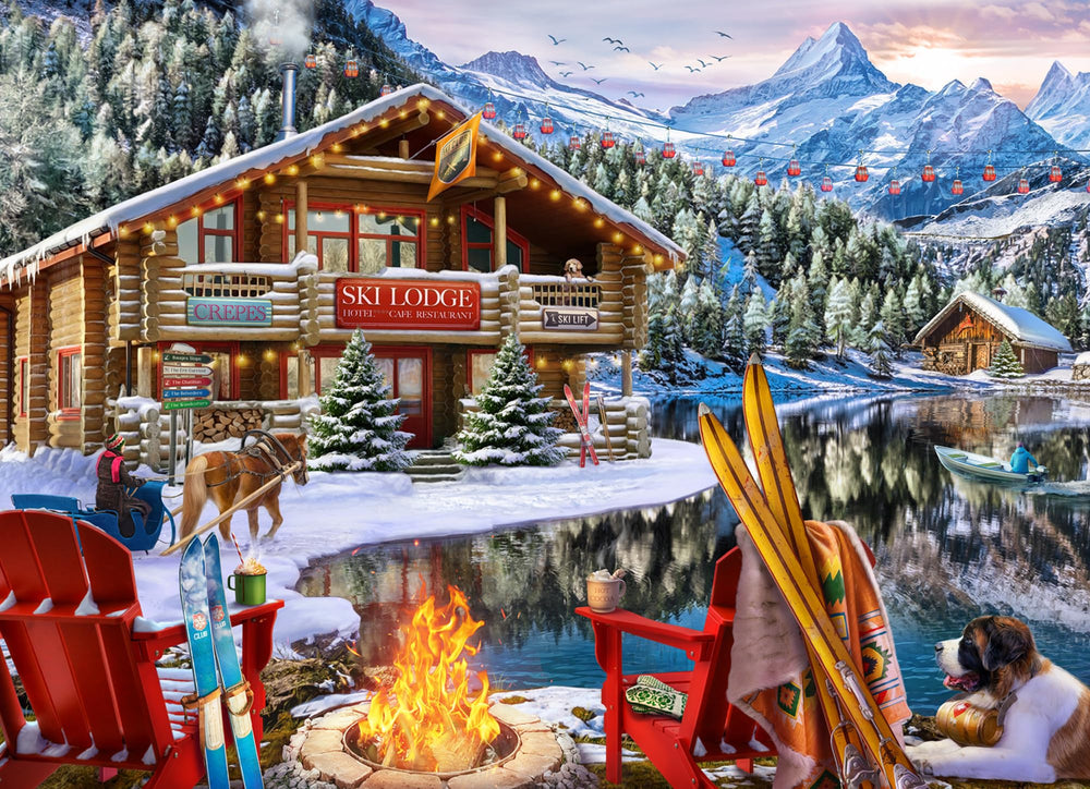 Vermont Christmas Company Ski Lodge 1000-piece puzzle, ideal for family nights and cozy evenings.