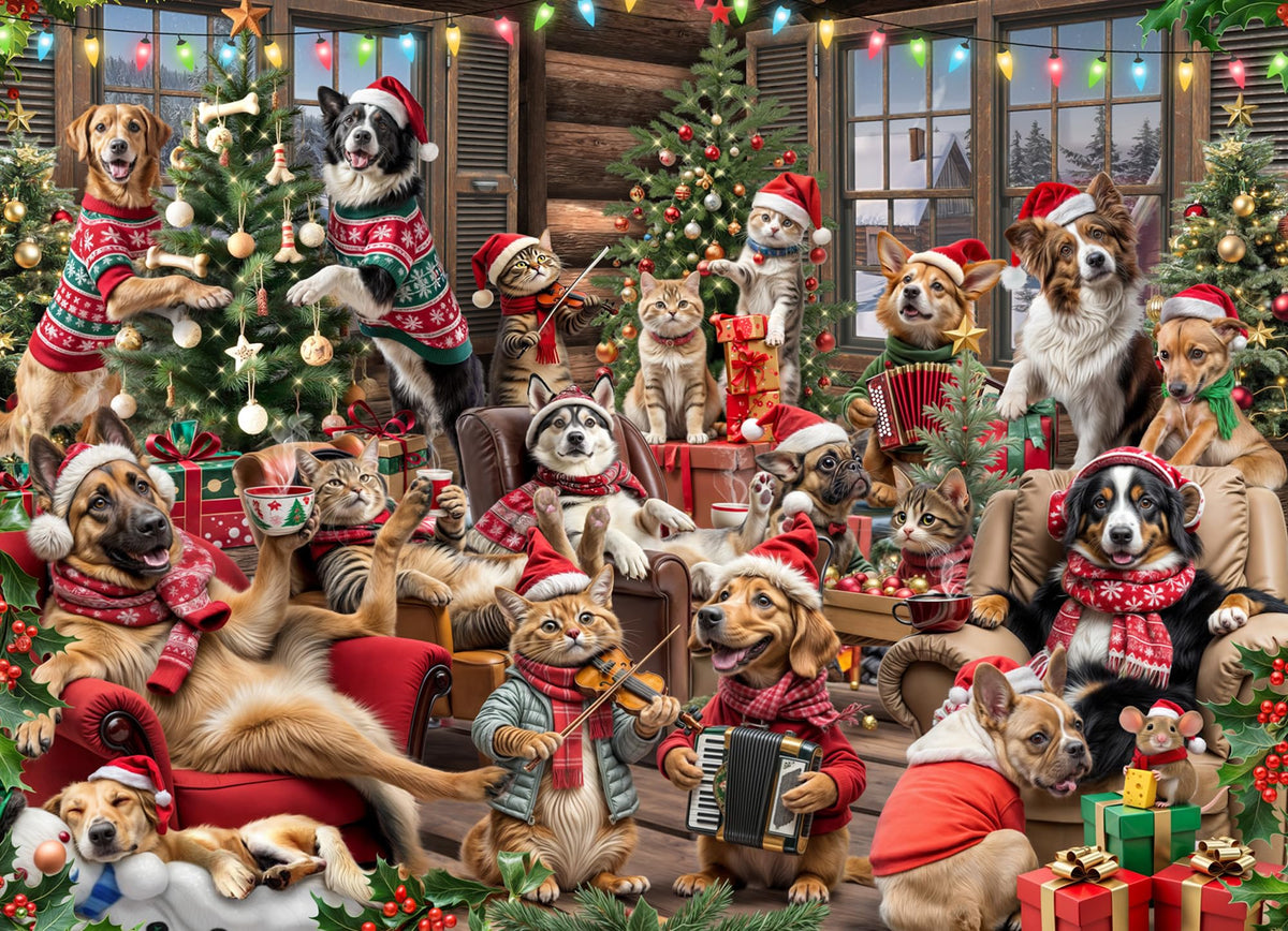 Vermont Christmas Company tails-of-christmas puzzle box shows a festive scene for family nights
