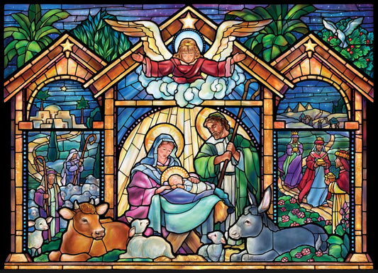 Vermont Christmas Company stained-glass nativity puzzle, 1000 pieces, ideal for family time.