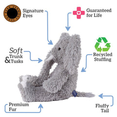 Elephant plush in a child's play scene during imaginative play.