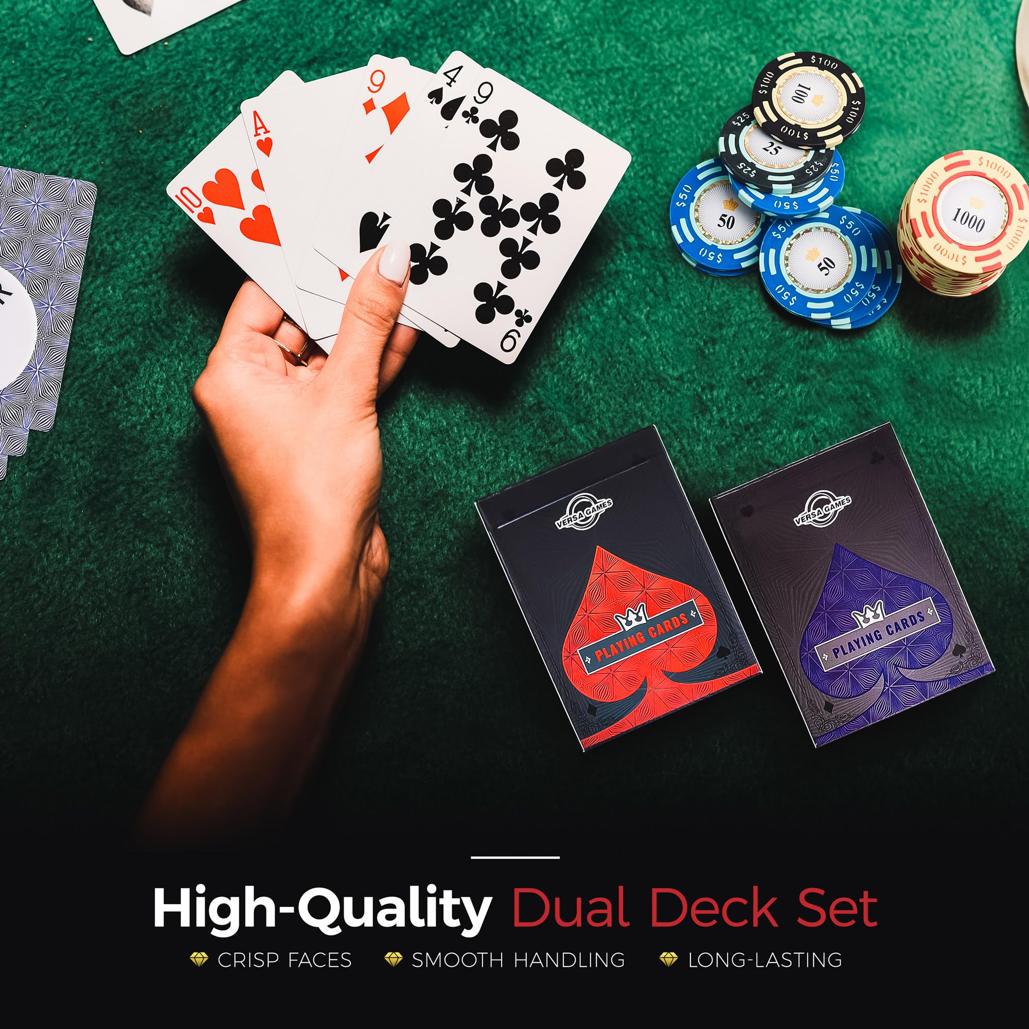 Versa Games includes two decks, dice, and dealer button for complete play.
