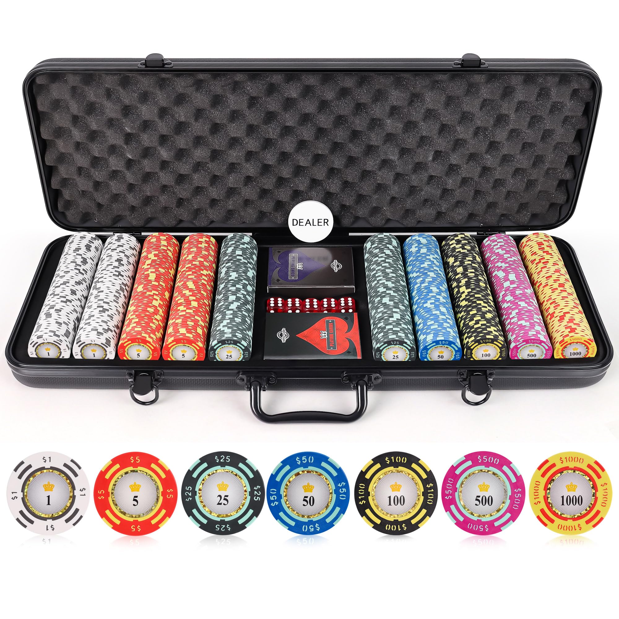 Versa Games poker chips with denomination centers for easy value spotting.